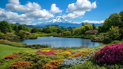 Naklejka premium Serene Springtime Landscape: Mountain View from a Vibrant Garden Pond AI Generated