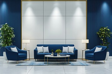 Bright navy and white sofa in a luxury business lounge, modern design.