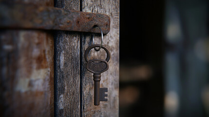 A close-up of an elegant key hanging from a simple hook by the front door, which is slightly open. The softly blurred background emphasizes the key and the sense of entry or new beginnings.
