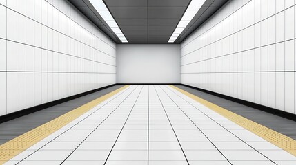 Obraz premium Minimalist subway station interior with white tiled walls and a modern aesthetic design, featuring symmetry and a perspective view.