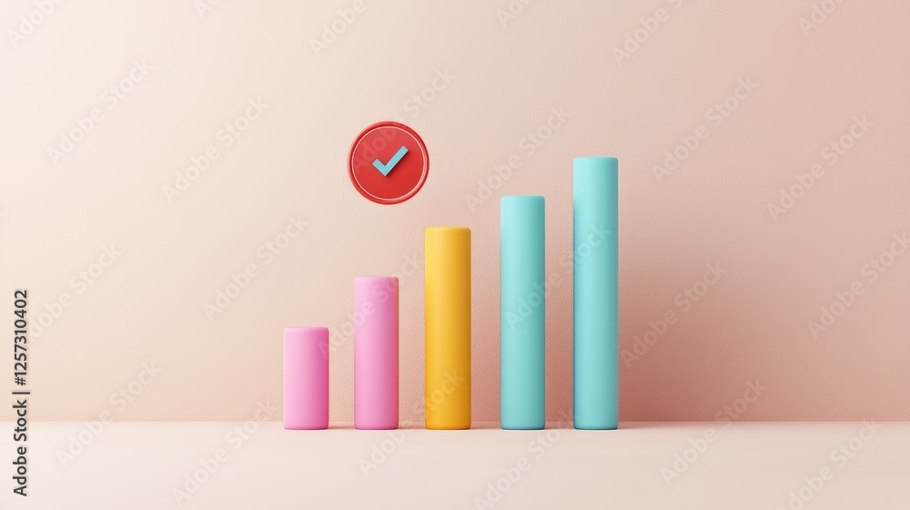 Poster colorful bar graph with a check mark symbol above it.