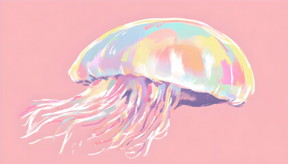 Illustration - Iridescent Jellyfish on Pink Background