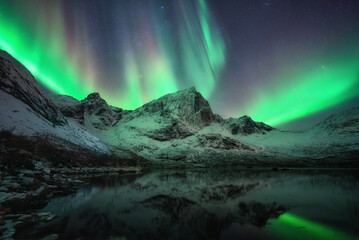 Aurora Borealis illuminates snowy mountains and serene lake
