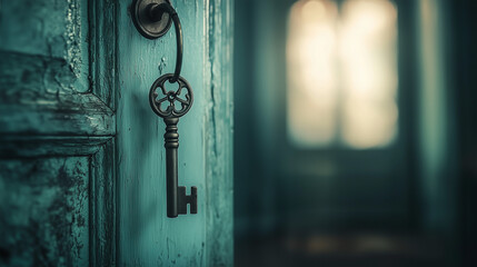 Fototapeta premium A close-up of an elegant key hanging from a simple hook by the front door, which is slightly open. The softly blurred background emphasizes the key and the sense of entry or new beginnings. 