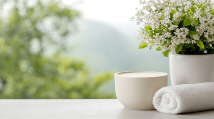 Spa scene with flowers, cup, and towel; relaxing background; for wellness products
