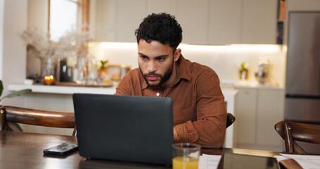 Remote work from home, thinking and man with laptop, online reading and writer with ideas. Person, author and creative with pc, planning for schedule and research for proposal and editing services