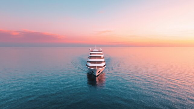 A luxury cruise ship sails into a serene sunset, reflecting on calm ocean waters under a vibrant sky, evoking a sense of adventure and tranquility.