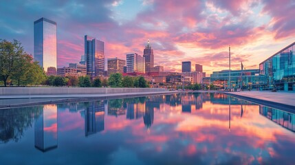 Oklahoma City Skyline at Sunset Reflected in Calm Waters: A Stunning Urban Landscape