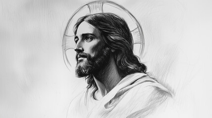 A pencil sketch of Jesus in a contemplative posture, head bowed slightly, with a soft halo around His head. The soft shading creates a peaceful, humble image with minimal background detail.