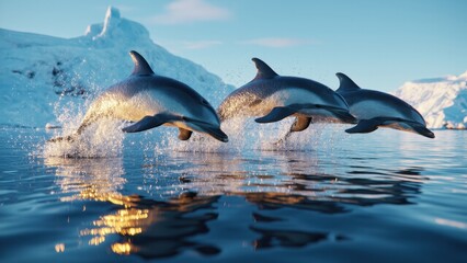 Fototapeta premium cute dolphins jumping out of the sea with snowy mountain scenery