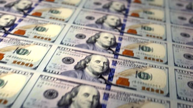 Money making machine prints banknotes. Close up of currency printing in action. Business, finance, inflation and deflation concept. 4K 3D loop animation