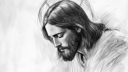 A pencil sketch of Jesus in a contemplative posture, head bowed slightly, with a soft halo around His head. The soft shading creates a peaceful, humble image with minimal background detail.