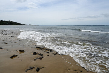 Waves in the foreground with Australian bush and cliffs framing the picture
