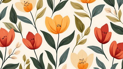 Elegant Floral Pattern: A Seamless Design of Warm-Toned Tulips and Greenery