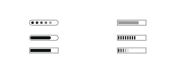 Set loading bar icons. Progress bar loading signs. Download progress icons	