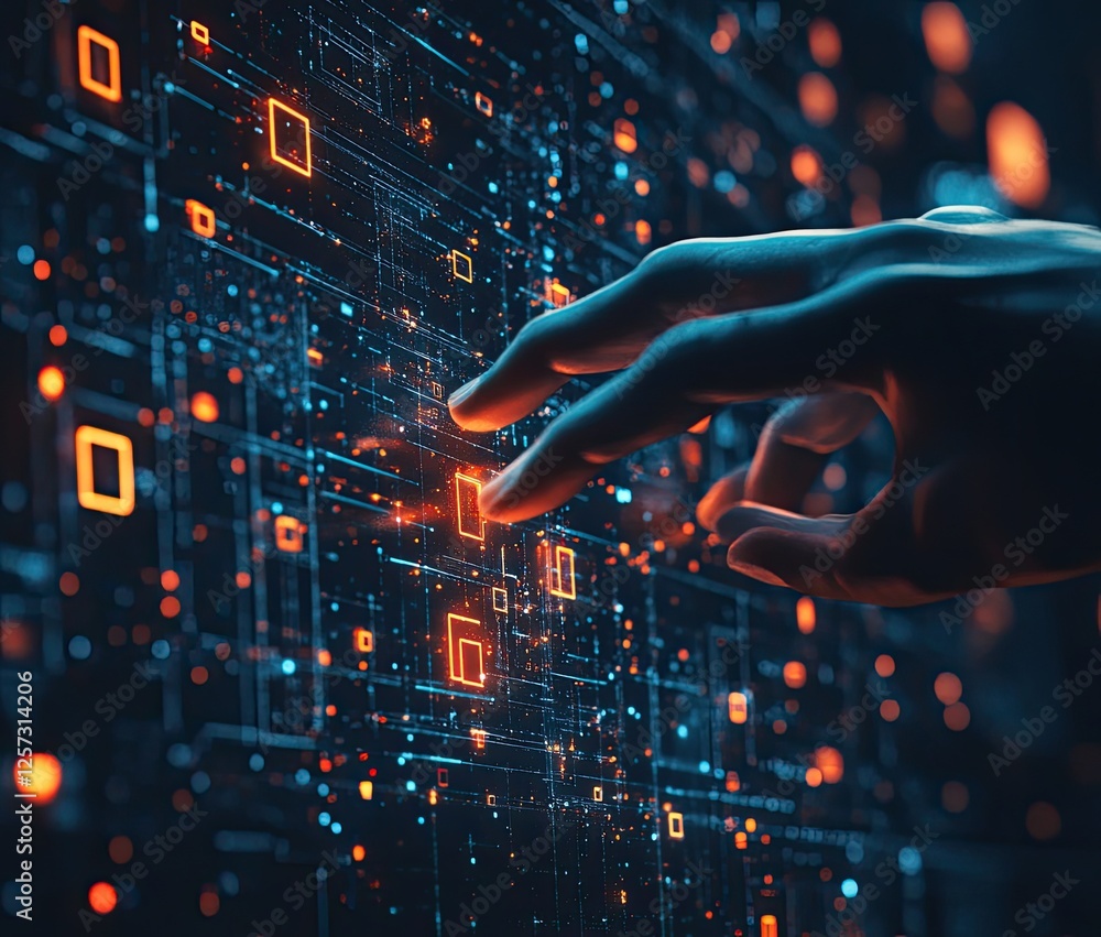 Poster hand interacts with glowing digital data network, futuristic background