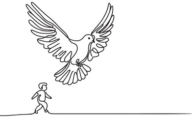 continuous one single line art doodle drawing of dove or pigeon flying out of child hand illustration on white background