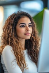 Naklejka premium Young Woman with Curly Hair Working on Computer in Modern Office Setting Focusing Intently