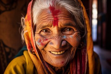 A vibrant and joyful Holi festival scene in an ancient Indian village, creating a mesmerizing kaleidoscope of colors. The golden sunlight of early morning illuminates the scene, casting a warm glow on