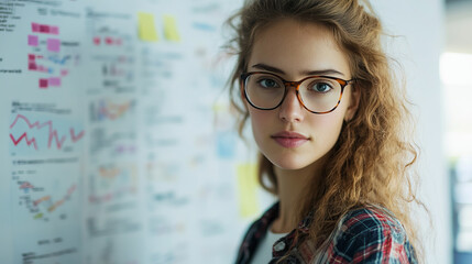 Young woman with glasses looking thoughtfully at a wall covered in graphs and data sheets