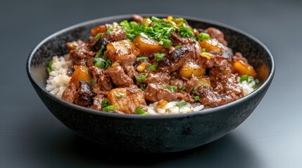 Fototapeta premium Beef and Pineapple Stir-fry Rice Bowl, Delicious Dish, Restaurant Style