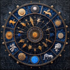 Naklejka premium Kumbh Mela Zodiac Mandala with Indian Motifs and Water Patterns for Spiritual Harmony