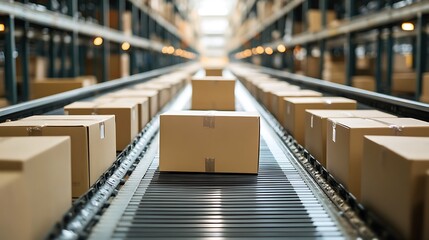 Fototapeta premium Efficient Cardboard Boxes Conveyor Belt System in a Warehouse