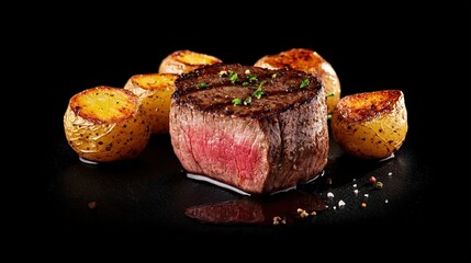 Juicy steak with golden roasted potatoes on a dark background.