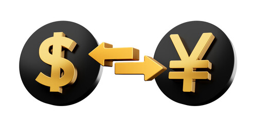 US Dollar and Japanese Yen symbols over black icon with two arrows. 3d illustration of exchange rate