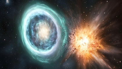 Obraz premium Illustration - Cosmic Collision, Supernova Explosion, Nebula, Galaxy, Stars, Astronomy, Astrophysics, Space Art