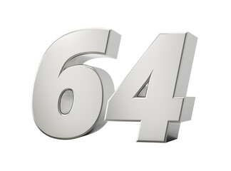Silver 3d numbers 64 Sixty four. Isolated white background 3d illustration