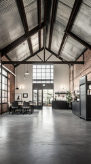 Industrial chic interior, high ceilings, brick walls, modern design