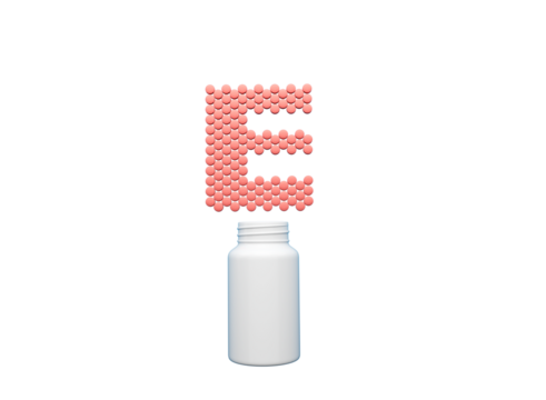 3d Empty White Pill Bottle With E Text Made Of Rounded Vitamin E Tablets 3d Illustration