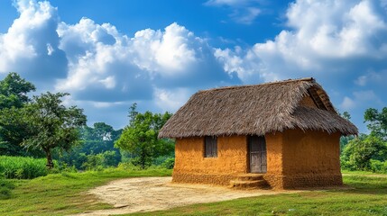 A mud-brick temple house with a thatched roof