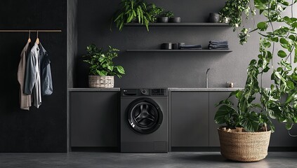 Fototapeta premium Modern Laundry Room Design: Stylish Washer Integration with Lush Greenery and Dark Cabinets, Enhancing Home Aesthetics.
