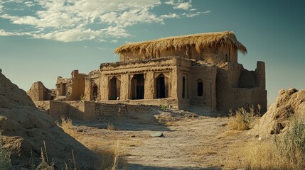 Obraz premium A mud-brick temple house with a thatched roof