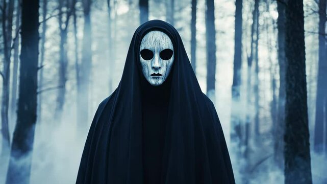 Mysterious figure wearing mask and black cloak in foggy forest