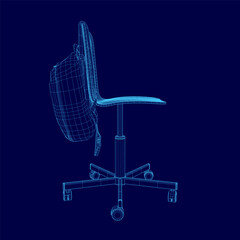 A chair with a backpack on it. The chair is blue and the backpack. Side view