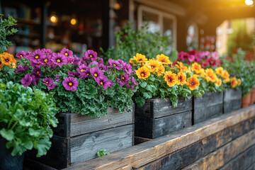 Fototapeta premium Colorful flowers and lush greenery in wooden planters on sunny urban rooftop garden.