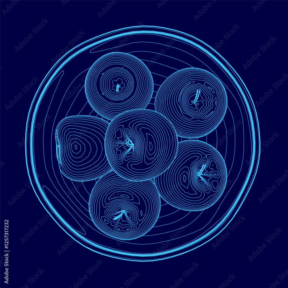 Poster a blue plate with a blue background and a blue circle with a bunch of apples in it. the apples are a