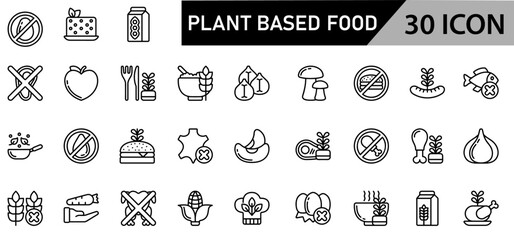 Plant-Based Food – Healthy Vegan, Vegetarian, and Sustainable Eating- Minimalist Plant-Based Food Icon Pack | 30 Outline Vector Icons, Editable stroke. 