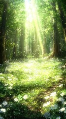 Fototapeta premium Sunlit forest path, flowers, magical background, nature scene, serene wallpaper