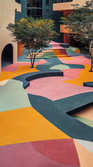 Vibrant courtyard garden abstract shapes playful design