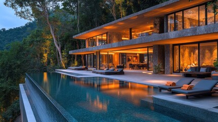 Fototapeta premium Luxury villa, infinity pool, jungle sunset, relaxation