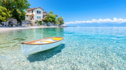 Coastal house, boat, calm sea, summer vacation