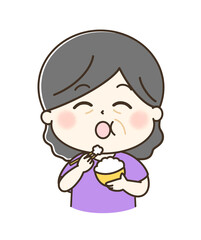 白米を美味しいと言いながら食べている年配の女性のゆるかわイラスト