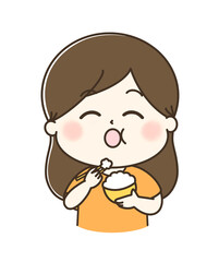 白米を美味しいと言いながら食べている女性のゆるかわイラスト