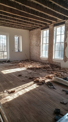 Sunlit room undergoing demolition, brick walls, exposed beams.
