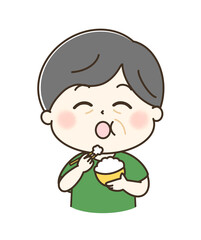 白米を美味しいと言いながら食べている年配男性のゆるかわイラスト