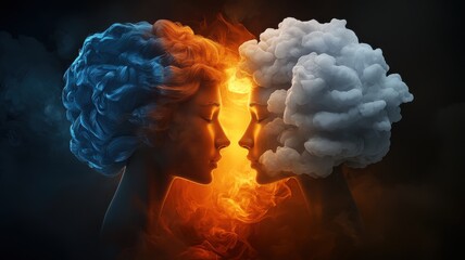 Emotional conflict faces of fire and ice digital art modern studio surreal imagery artistic exploration